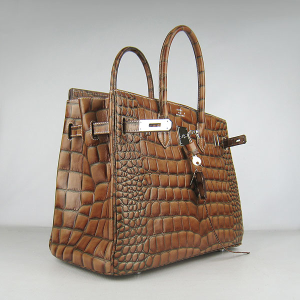 High Quality Fake Hermes Birkin 35CM Crocodile Veins Leather Bag Light Coffee 6089